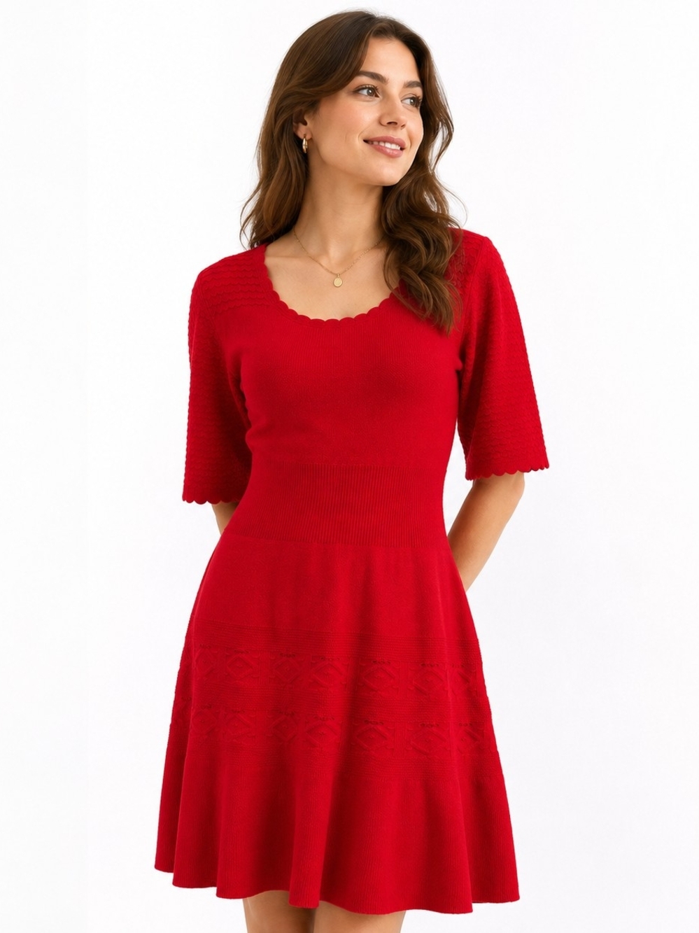 Etcetera Red Scallop-Neck Fit & Flare Mini Dress